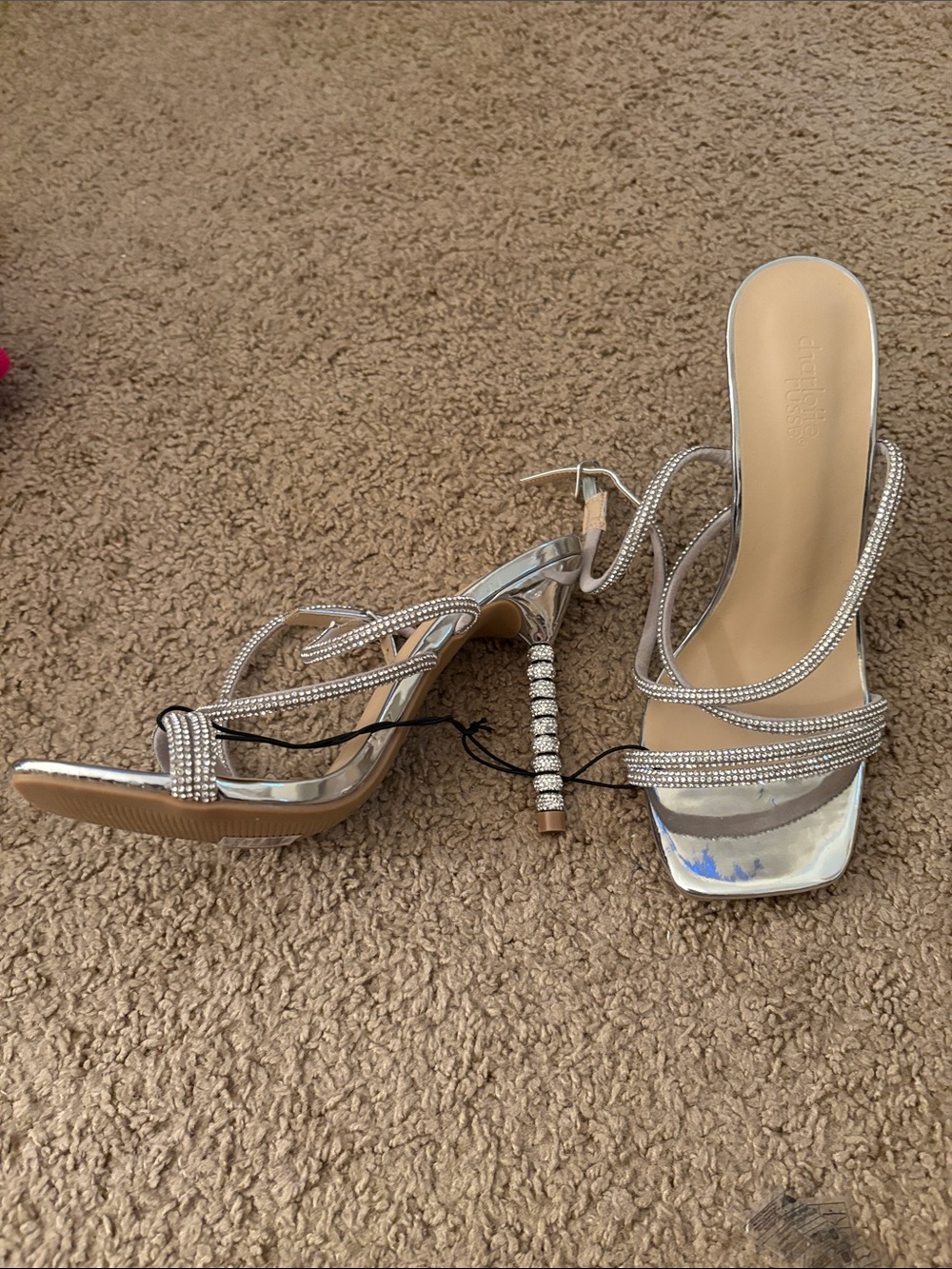 Crystal-Strap Silver High Heel Sandals - Women